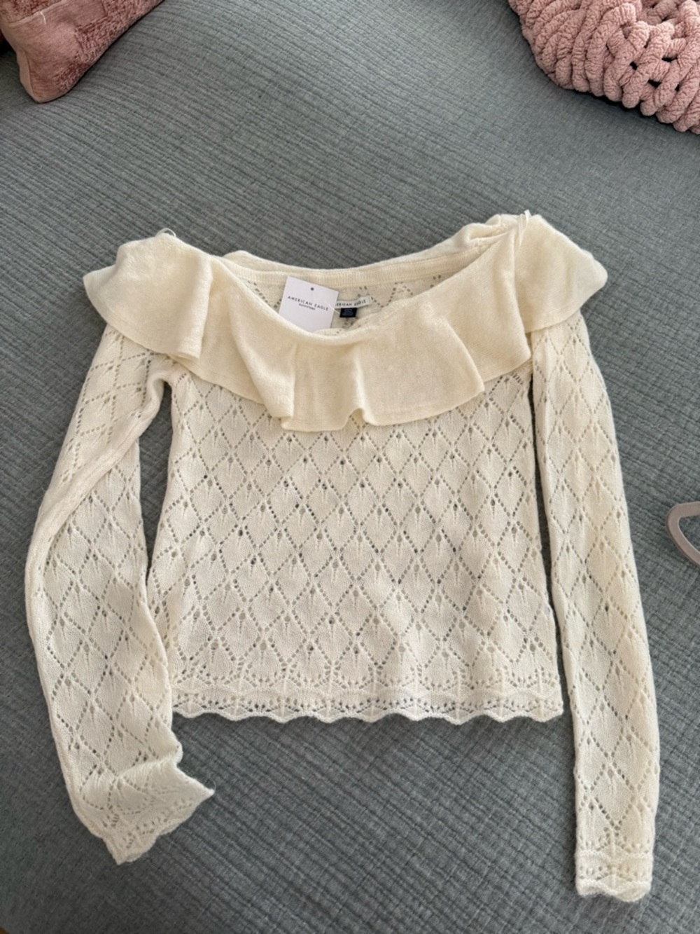 American Eagle Outfitters Cream Off-the-Shoulder Ruffle Knit Sweater